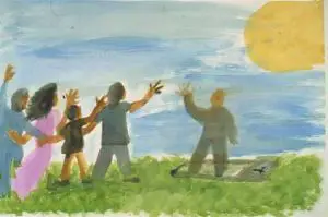 Drawing of a family saying good bye to grandpa